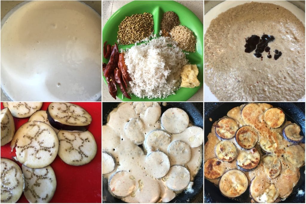 A box filled with different types of food, with Eggplant and Dosa