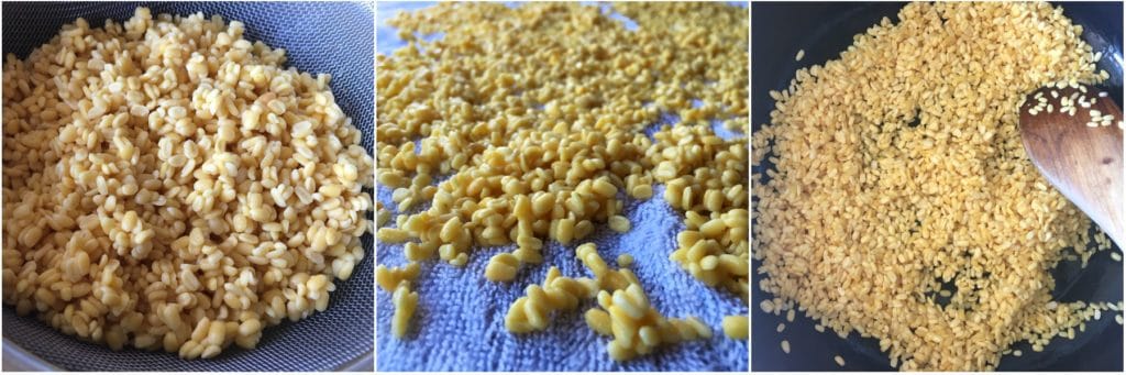 soaked moong dal is on the cotton cloths and placed  on the surface