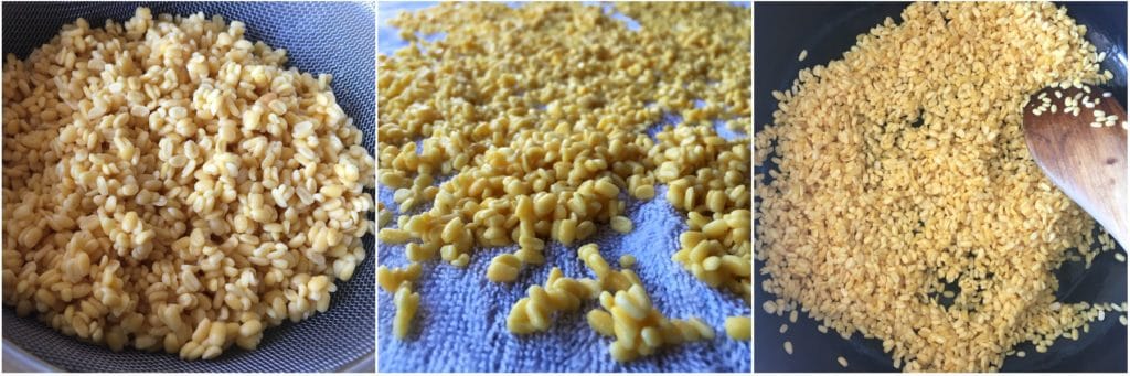 soaked moong dal is on the cotton cloths and placed on the surface