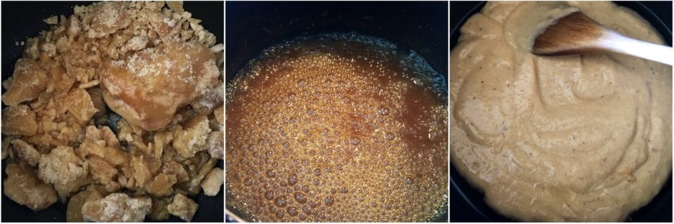 Sweet Plantain Recipe - Plantain Fudge A close up of jaggery syrup, with Fudge