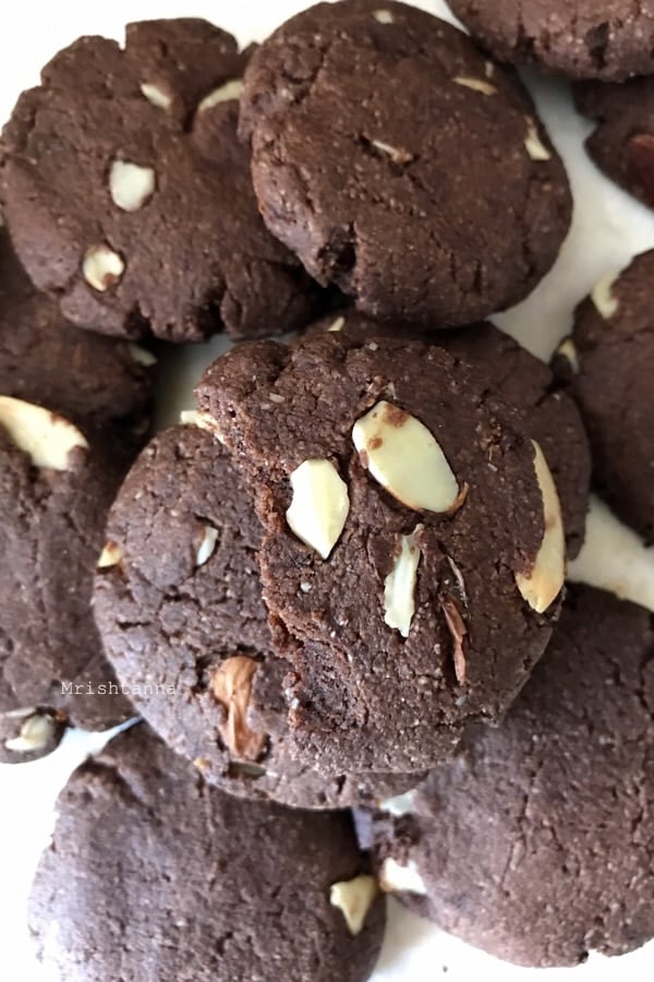 A close up of cocoa almond cookies