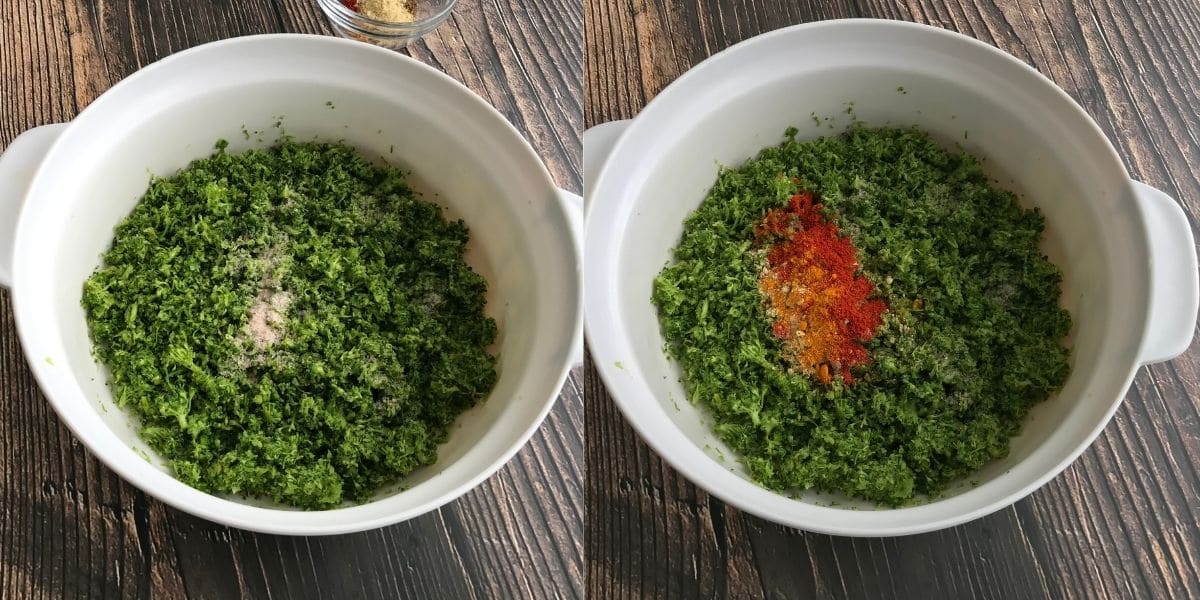A small bowl is with grated broccoli and spices