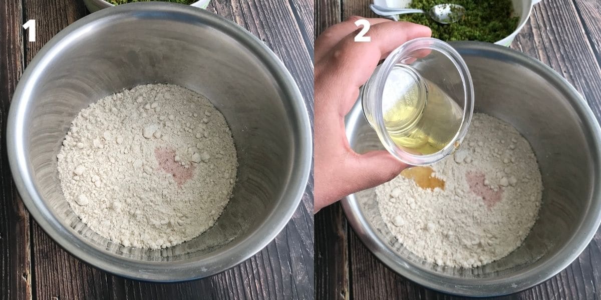 A bowl is filled with whole wheat flour,oil and salt for broccoli paratha