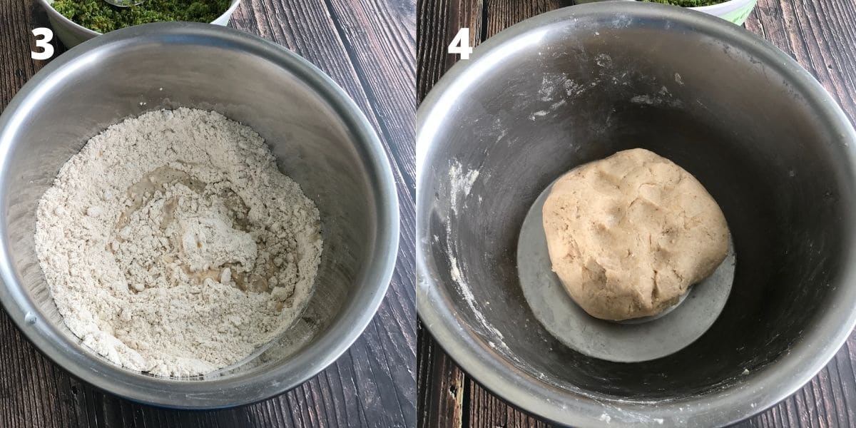 Bowl is with paratha dough placed on the wooden surface