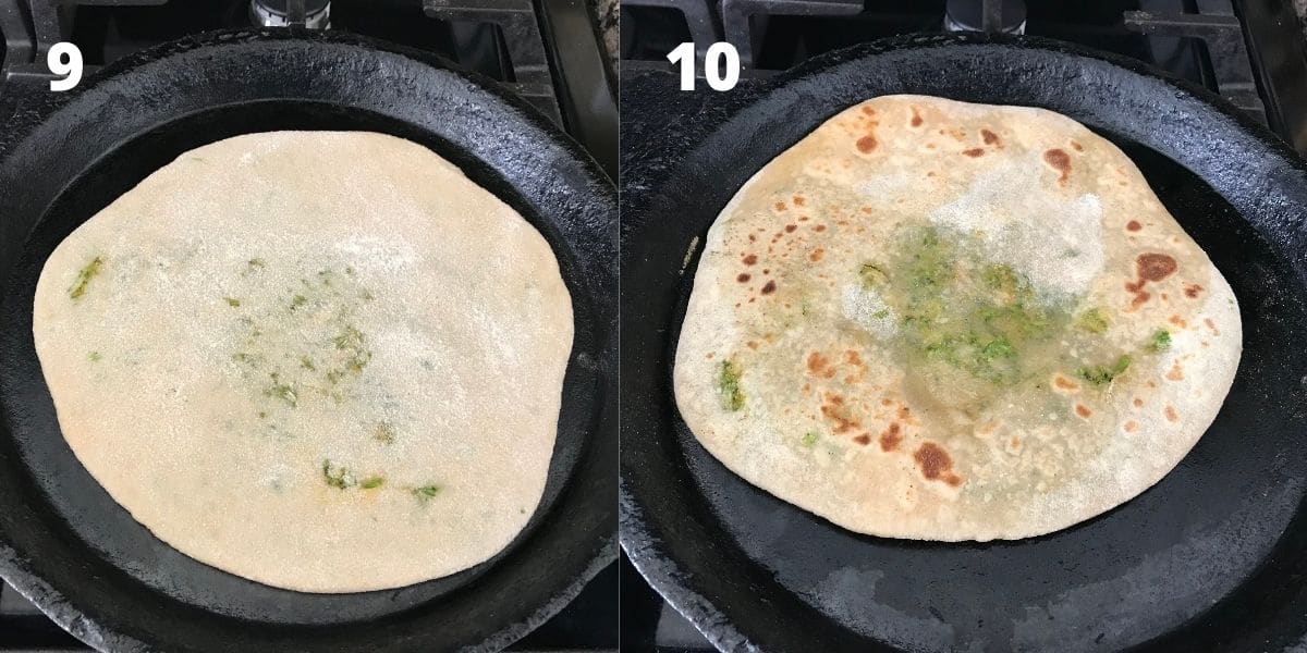 Broccoli paratha is on the cast iron skillet over the medium heat