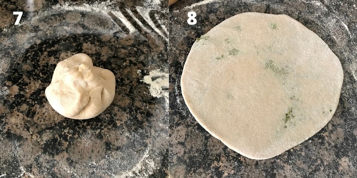 Stuffed broccoli paratha are rolled flat on the surface with rolling pin