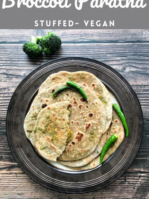 broccoli paratha's are on the big brown plate and topped with vegan butter