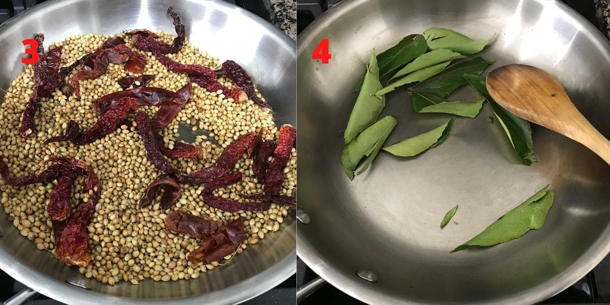 A pan is with coriander seeds and curry leaves over the stove top