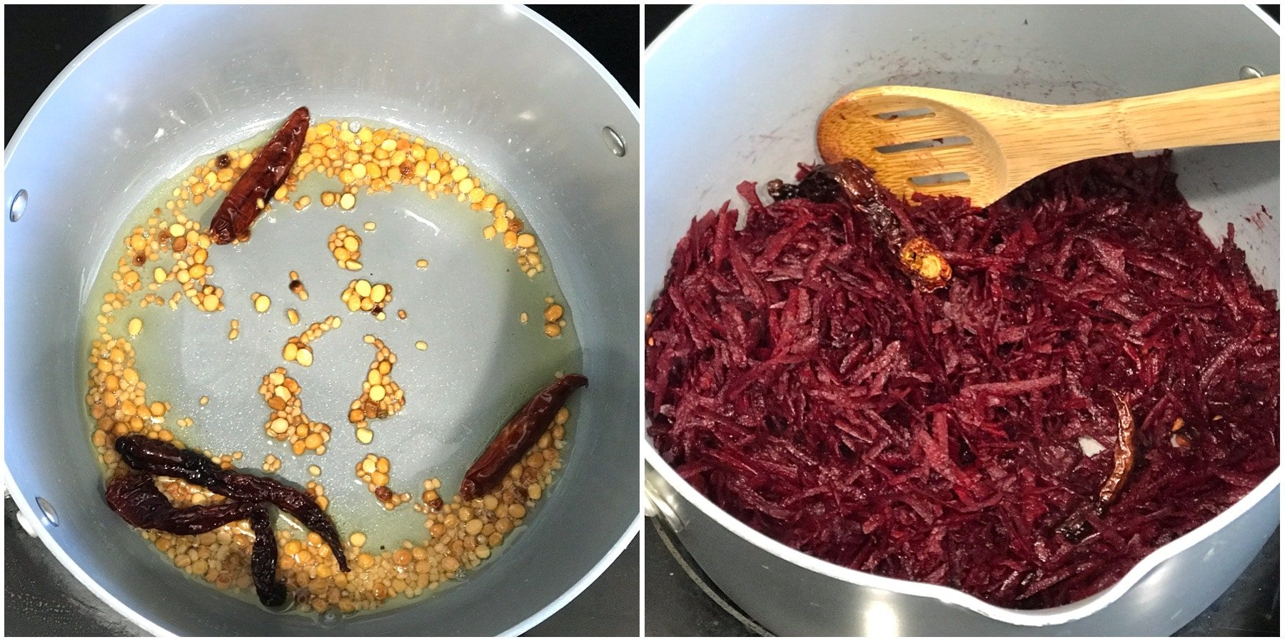 A pan is on the stove top with spices and grated beetroot