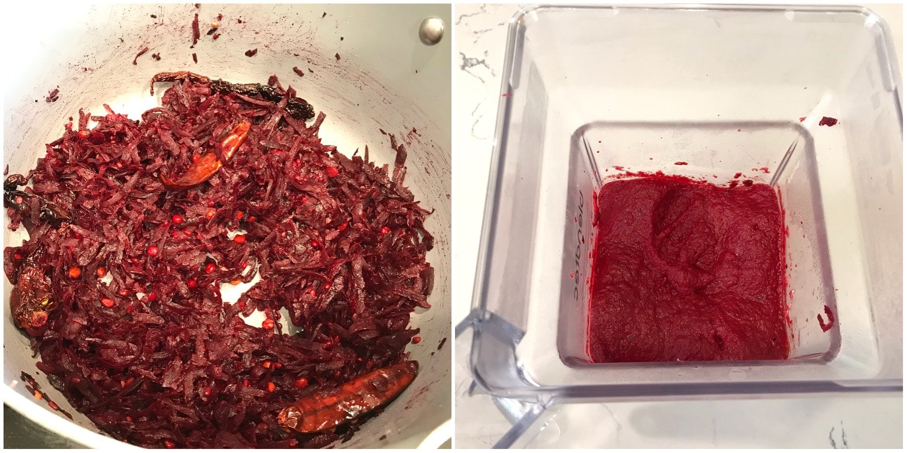 Blender is filled with beetroot sauce