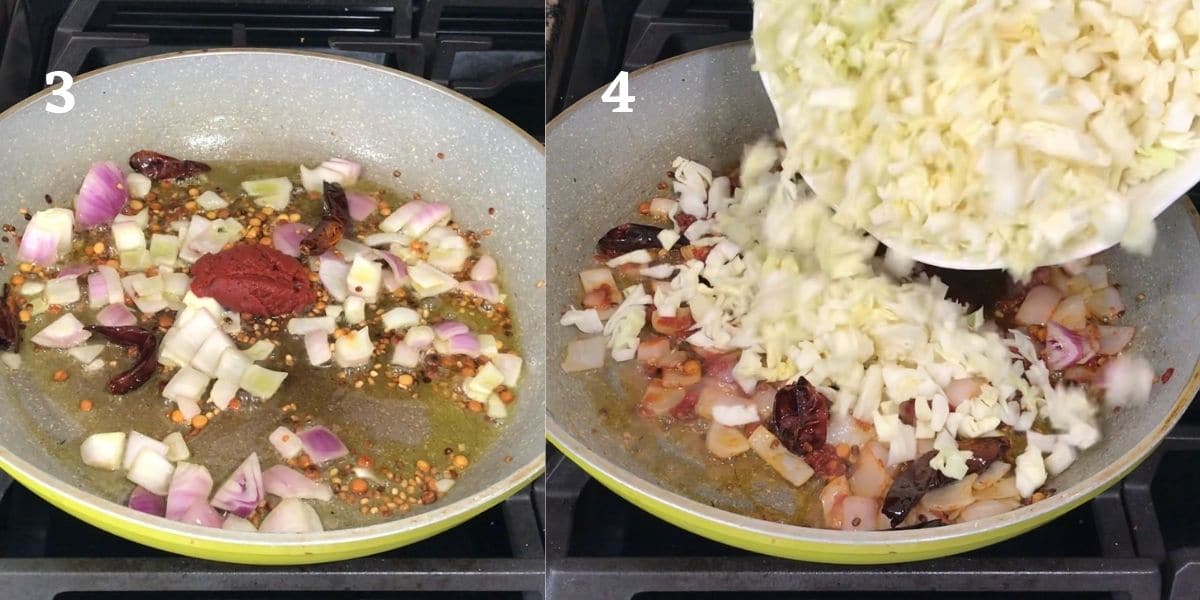 A pan is with sauteed onions, tomato, and cabbages over the heat