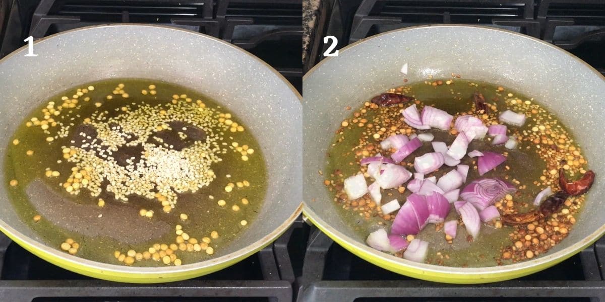 A pan is over the heat and filled with spices and onions