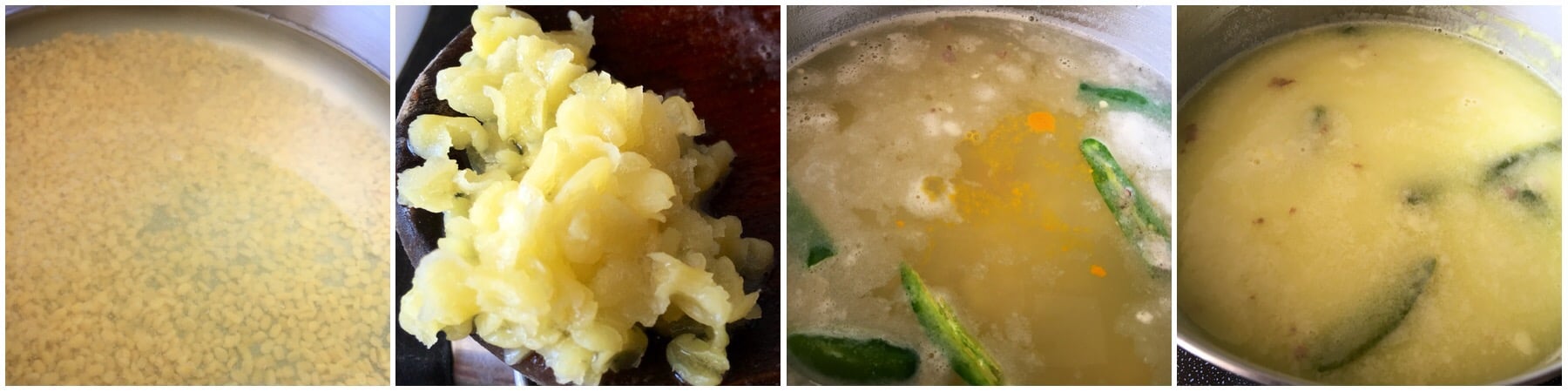 Tovve Saaru A pan is filled with different ingredients like lentil, chilies and ginger for rasam