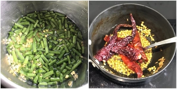A pot is with green beans, Spices, and red chilies