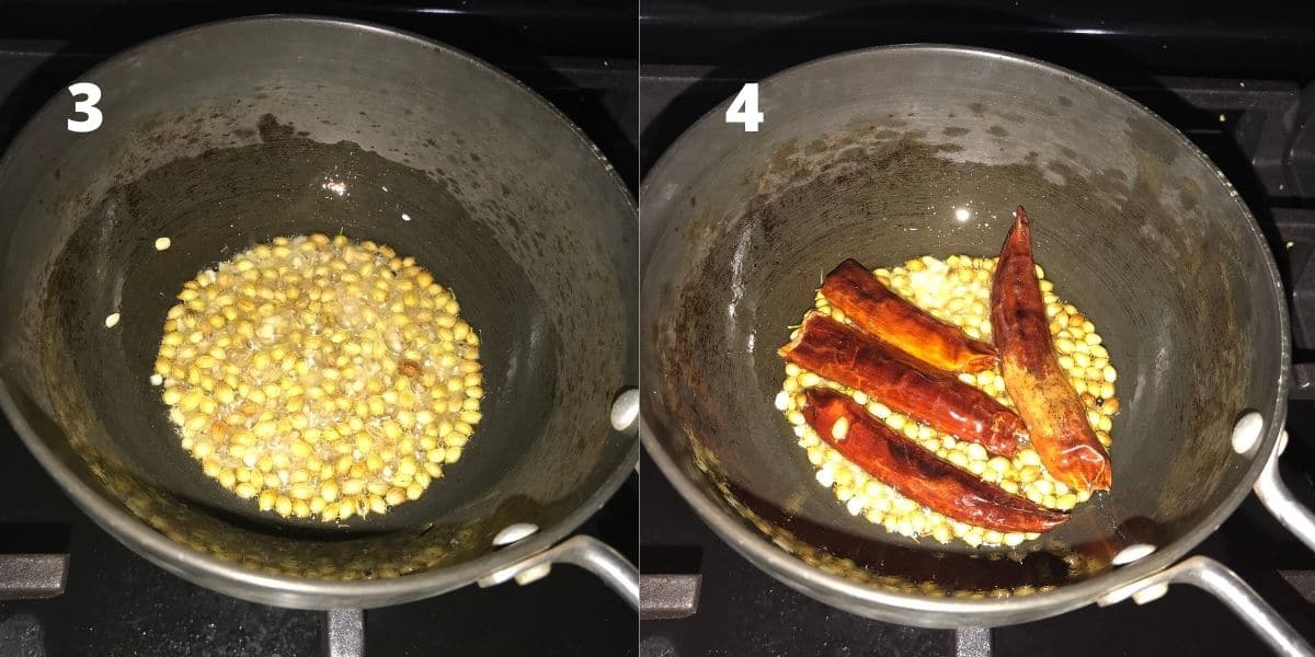 A small pan is with oil, coriander seeds, and chilies over the heat