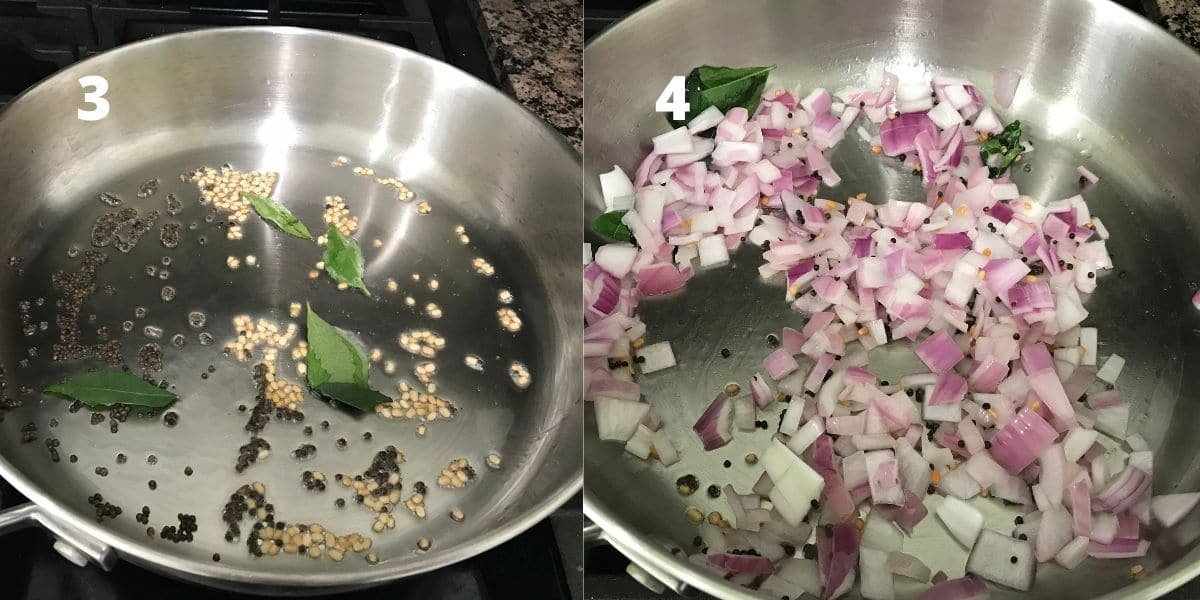 A pan is with spices and onions over the heat