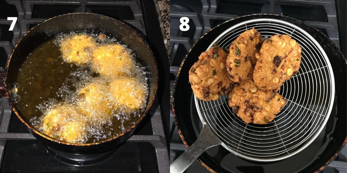 A pan is filled with hot oil and vada placed over the heat 