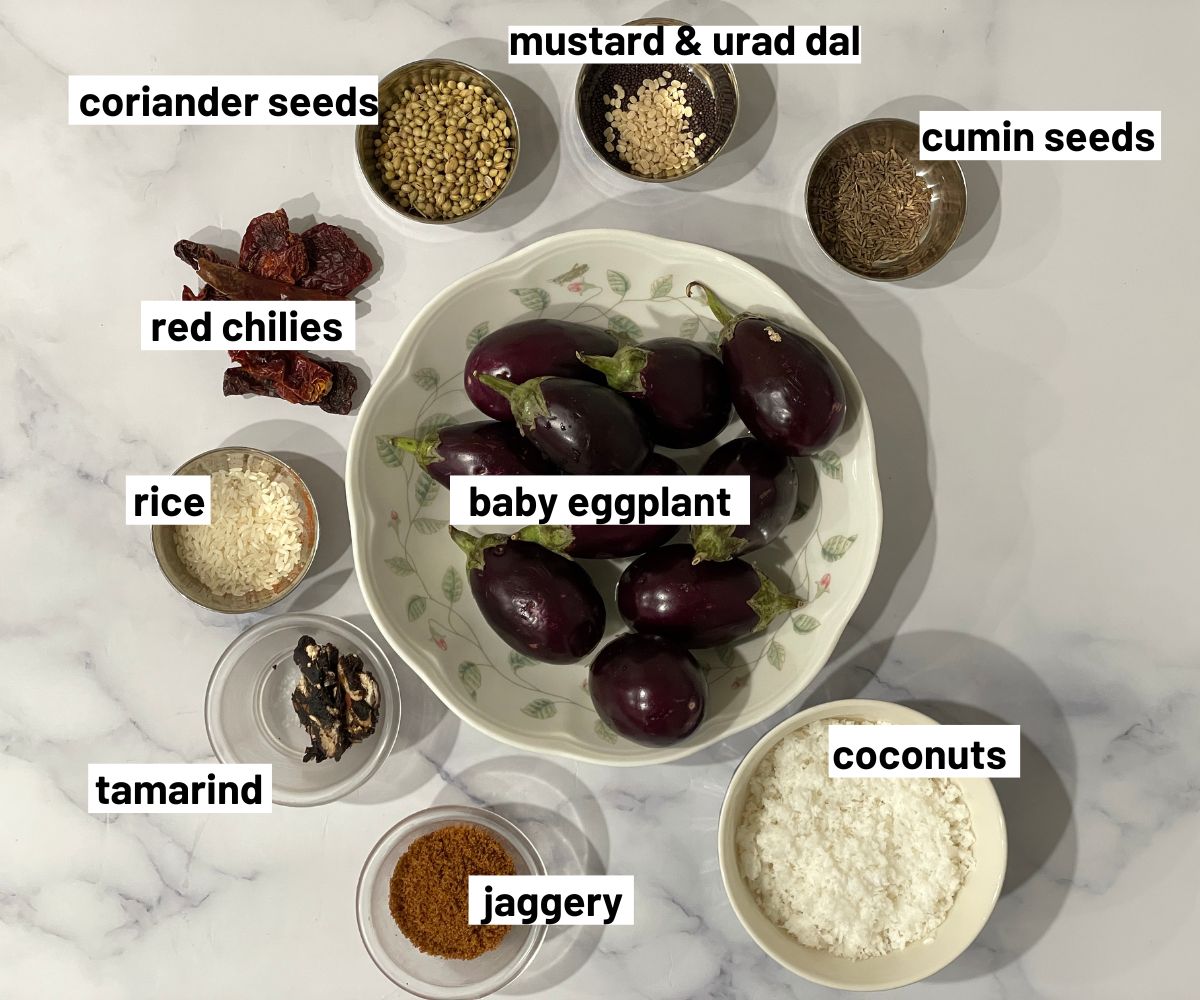 South Indian Brinjal curry ingredients are on the table.