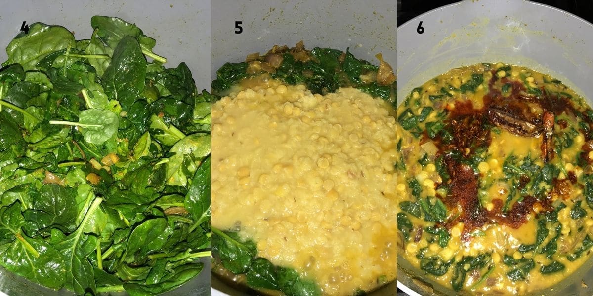 a pan is with spinach, cooked lentils and tempering on top