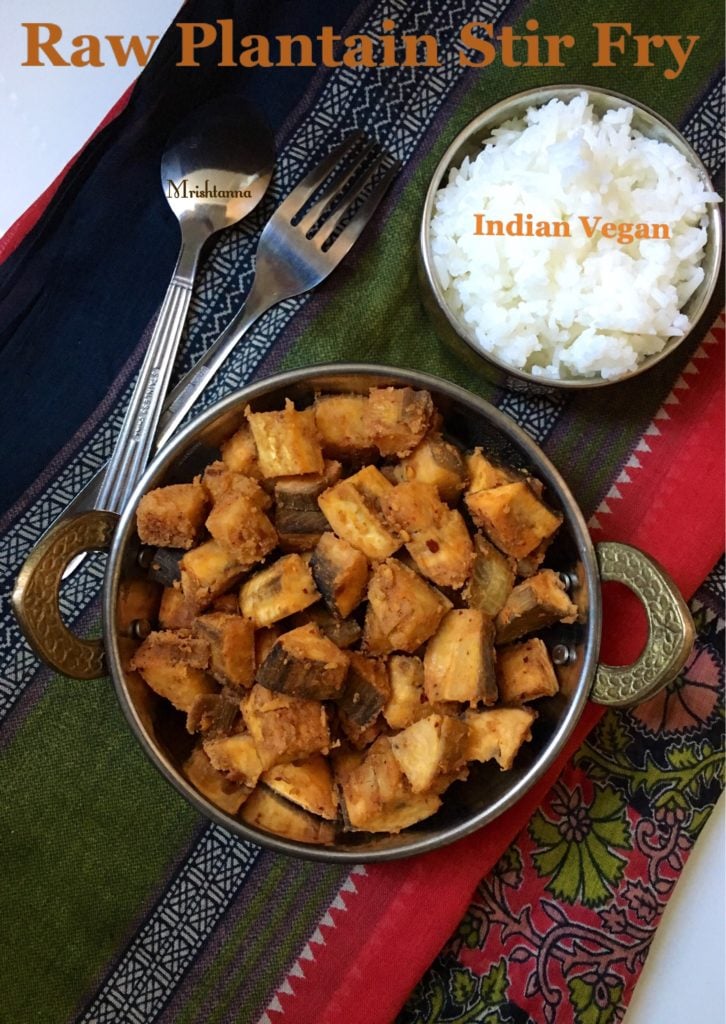 Plantain stir fry A bowl of stir fry along with rice and spoon