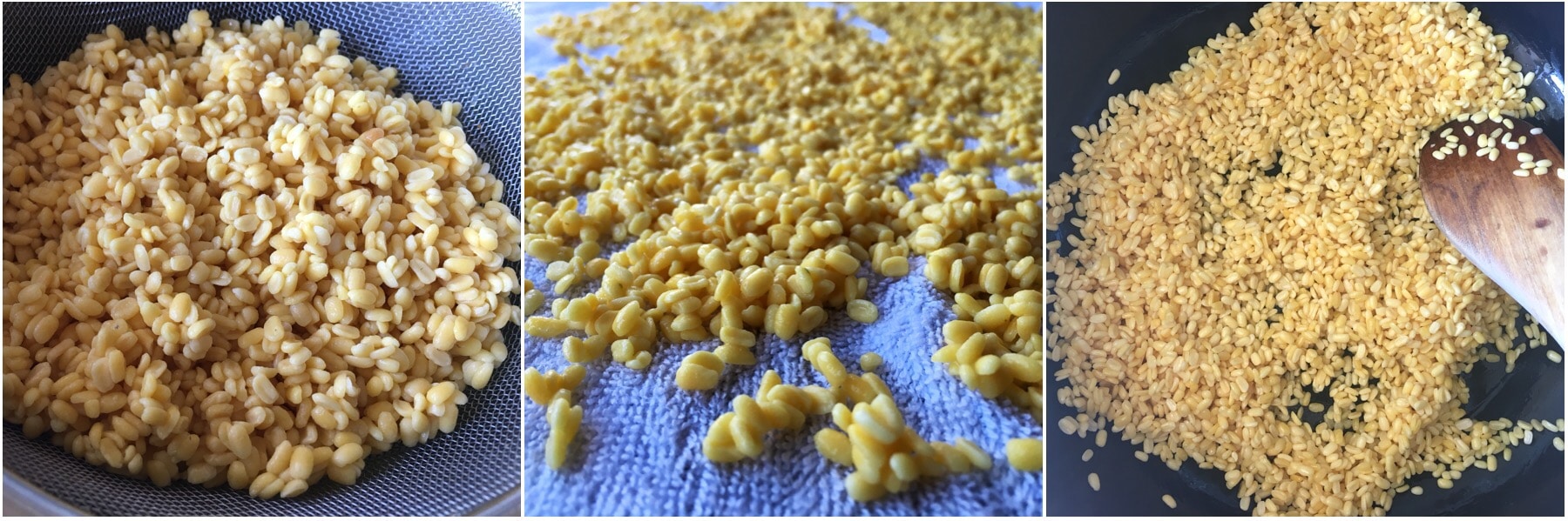 soaked moong dal is on the cotton cloths and placed on the surface
