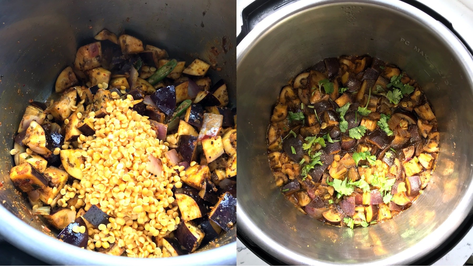 A pot is filled with Brinjal sambar and lentils