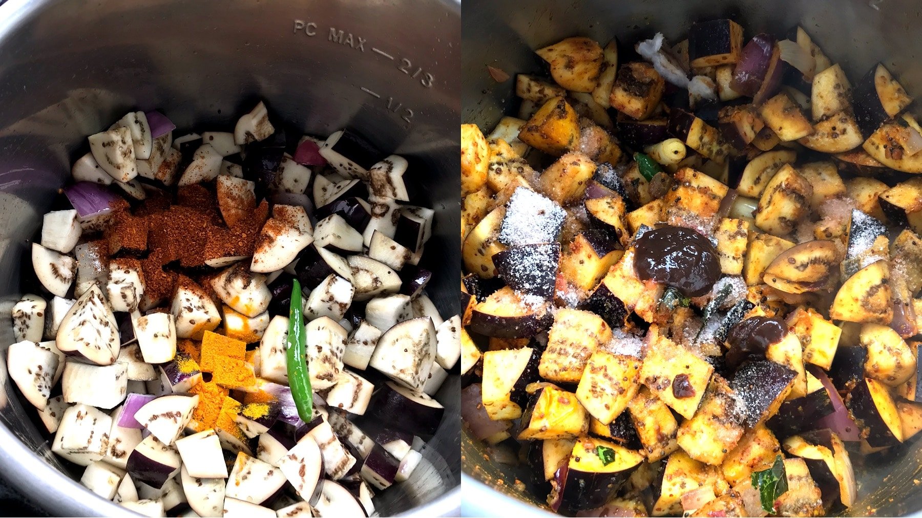 An instant pot is filled with brinjal and sambar powder