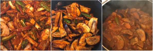 A pan is with brinjal and spices.