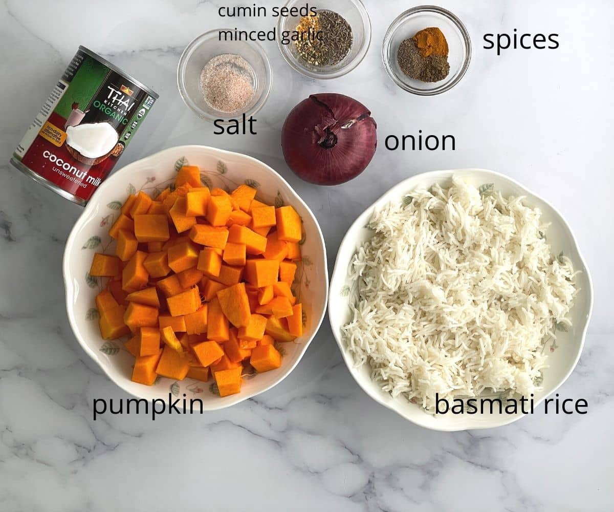 Pumpkin rice ingredients are on the table.