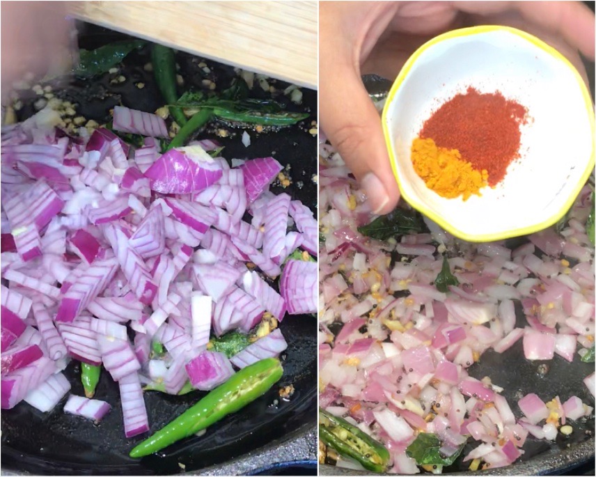 A cast-iron pan is with onions and spice powder over the stovetop.