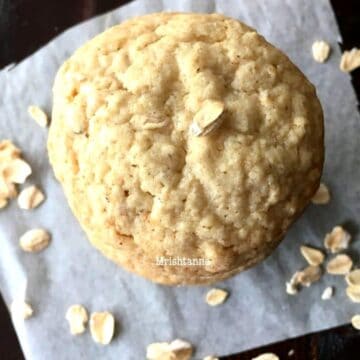 Close up of oatmeal cookies and topped with oats