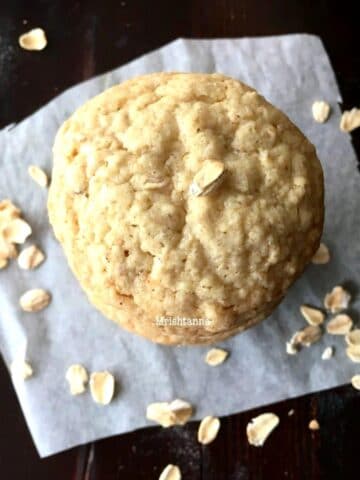 Close up of oatmeal cookies and topped with oats