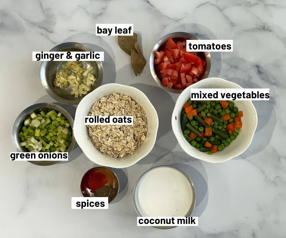 Oat soup ingredients are on the table.