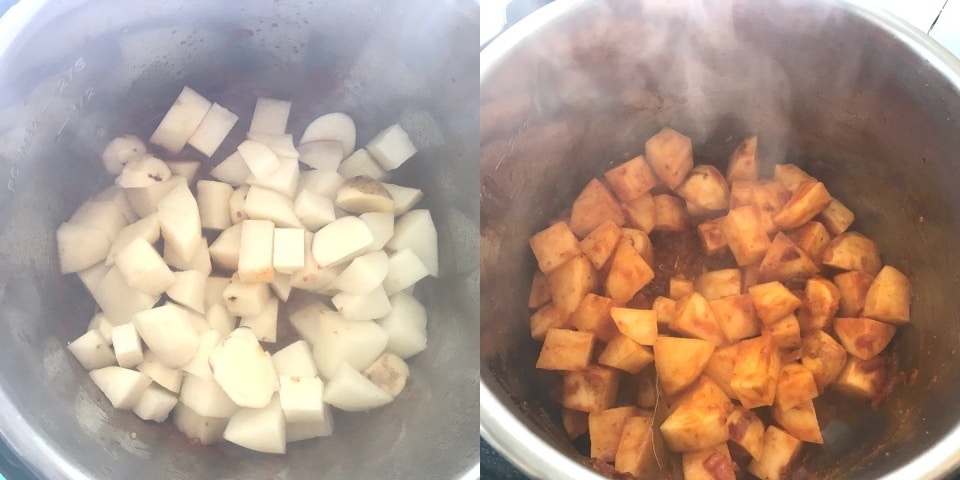 A bowl of food cooking on a stove, with Spinach and Potato