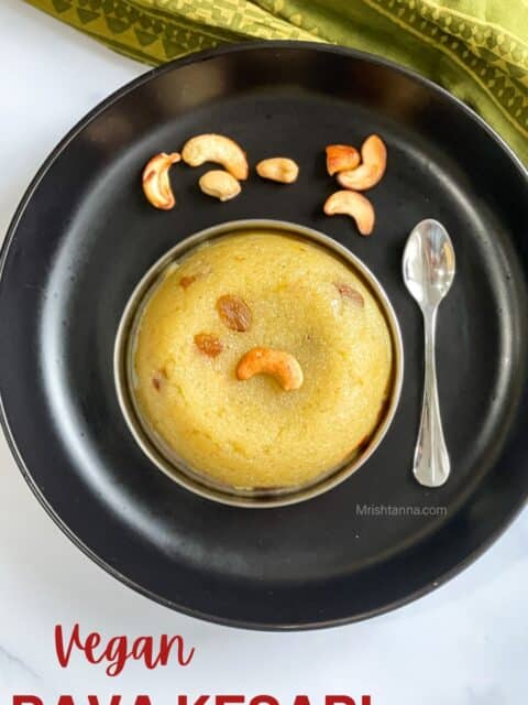 A plate of rava kesari dessert is on the table.