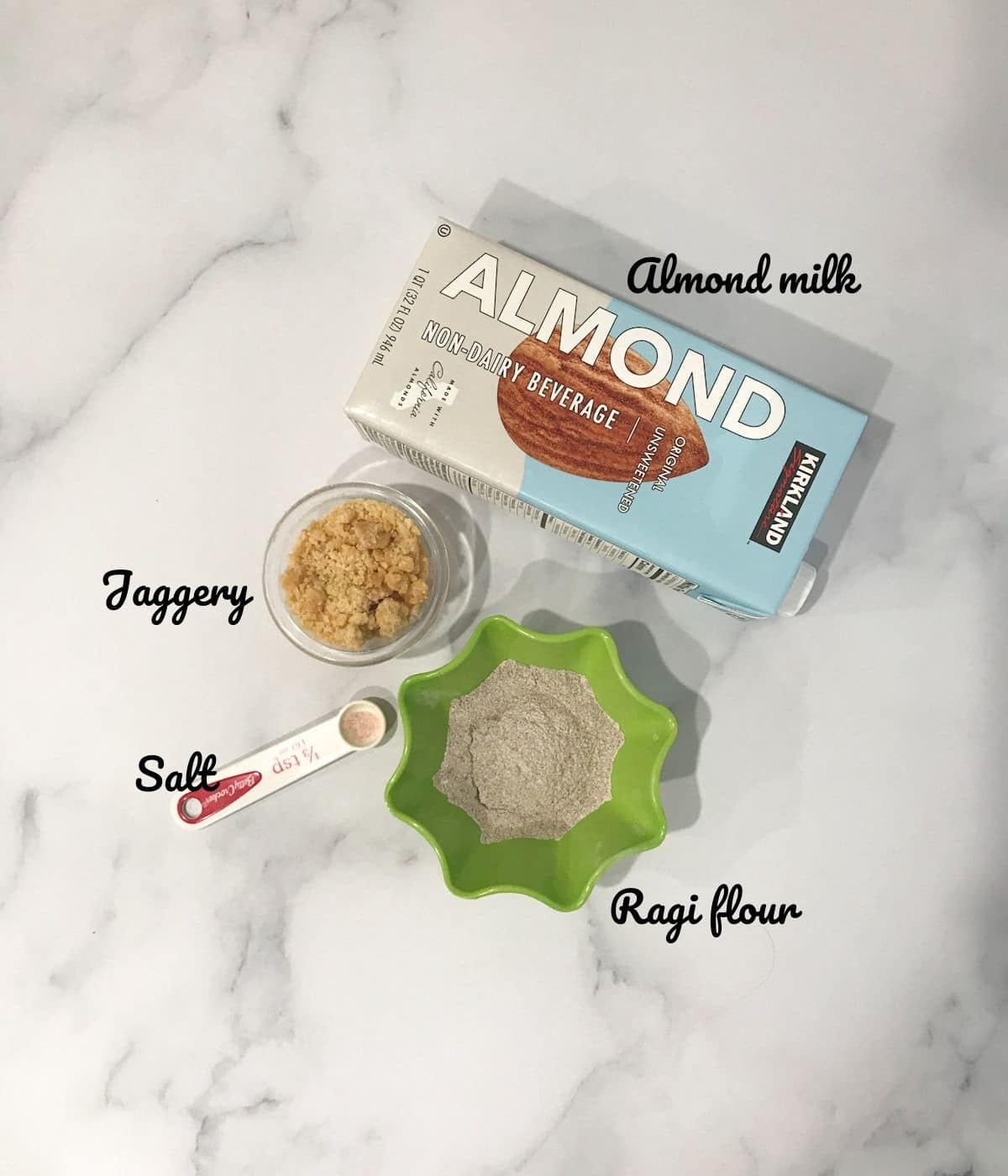 Ragi malt ingredients are placed on the counter top