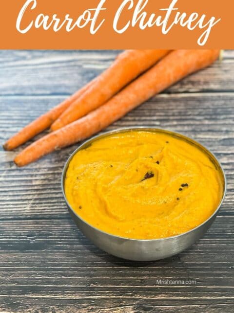 A bowl of carrot chutney is on the surface