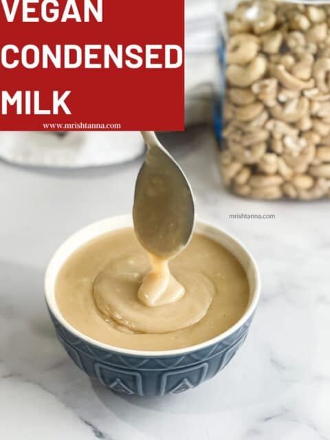 A person is pouring a spoonful of vegan condensed milk to the bowl.