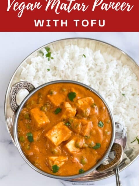 A bowl of vegan matar paneer is on the plate with rice.