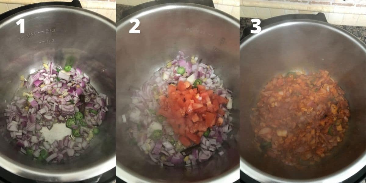 An instant pot is filled with oil, onion, tomatoes and spices to cook khichdi