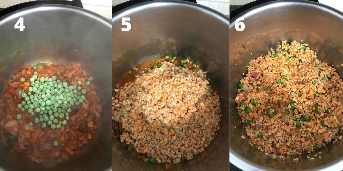 An instant pot with, peas, lentils and wheat to make khichdi