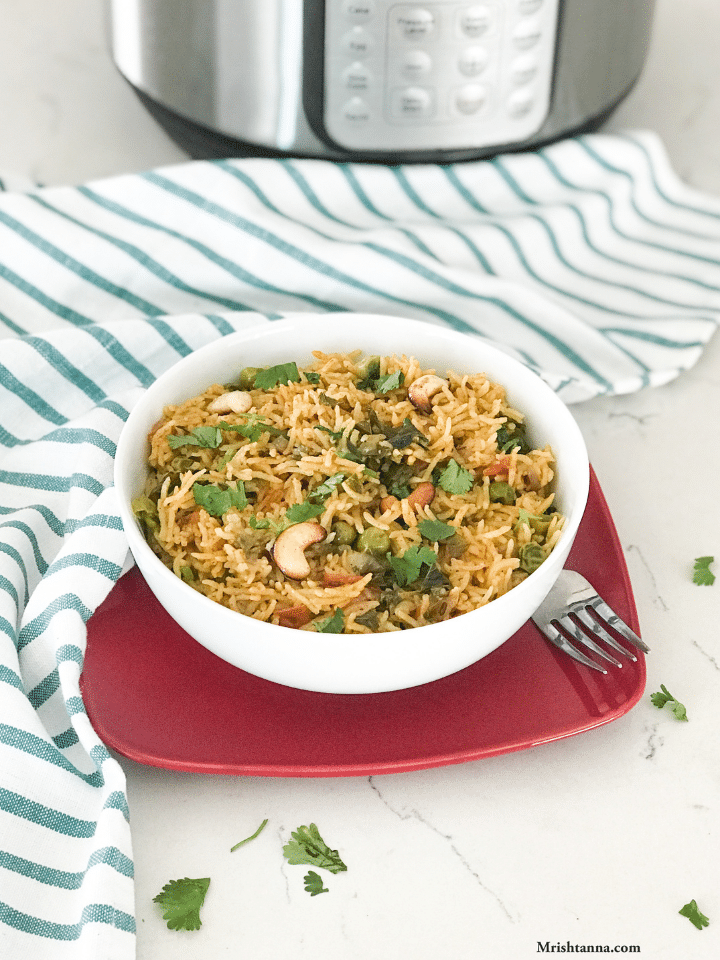 A bowl of rice on a red plate with mint leaves on top