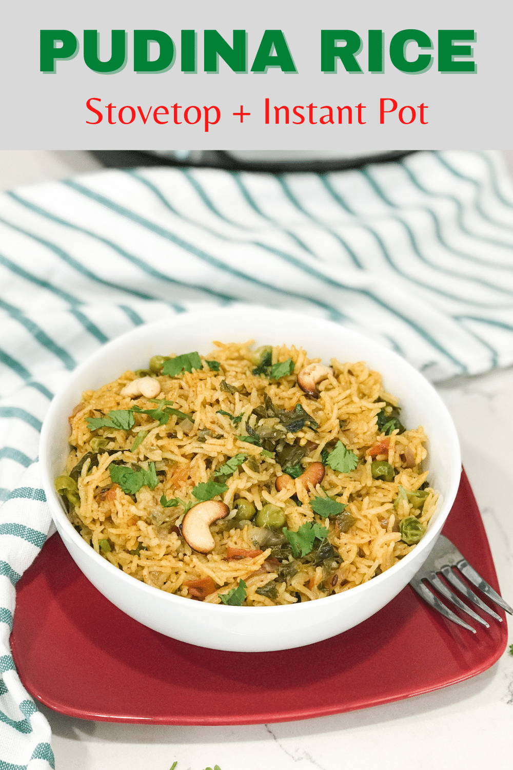 A bowl filled with mint rice on the red flat plate