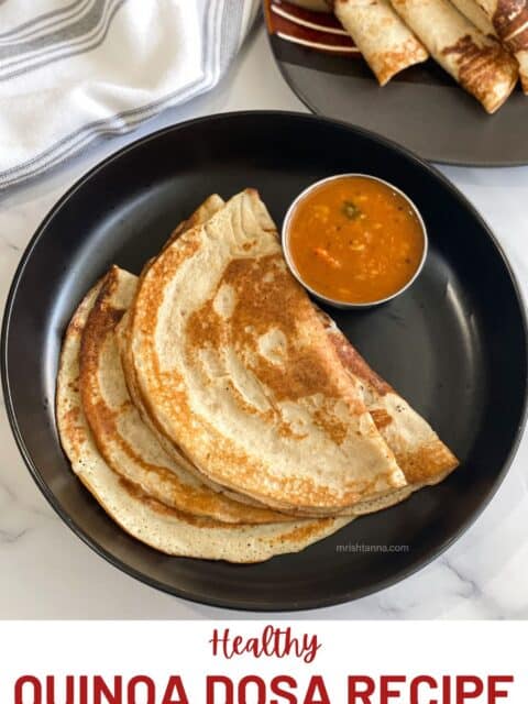 Quinoa oats dosa is on the plate with sambar.