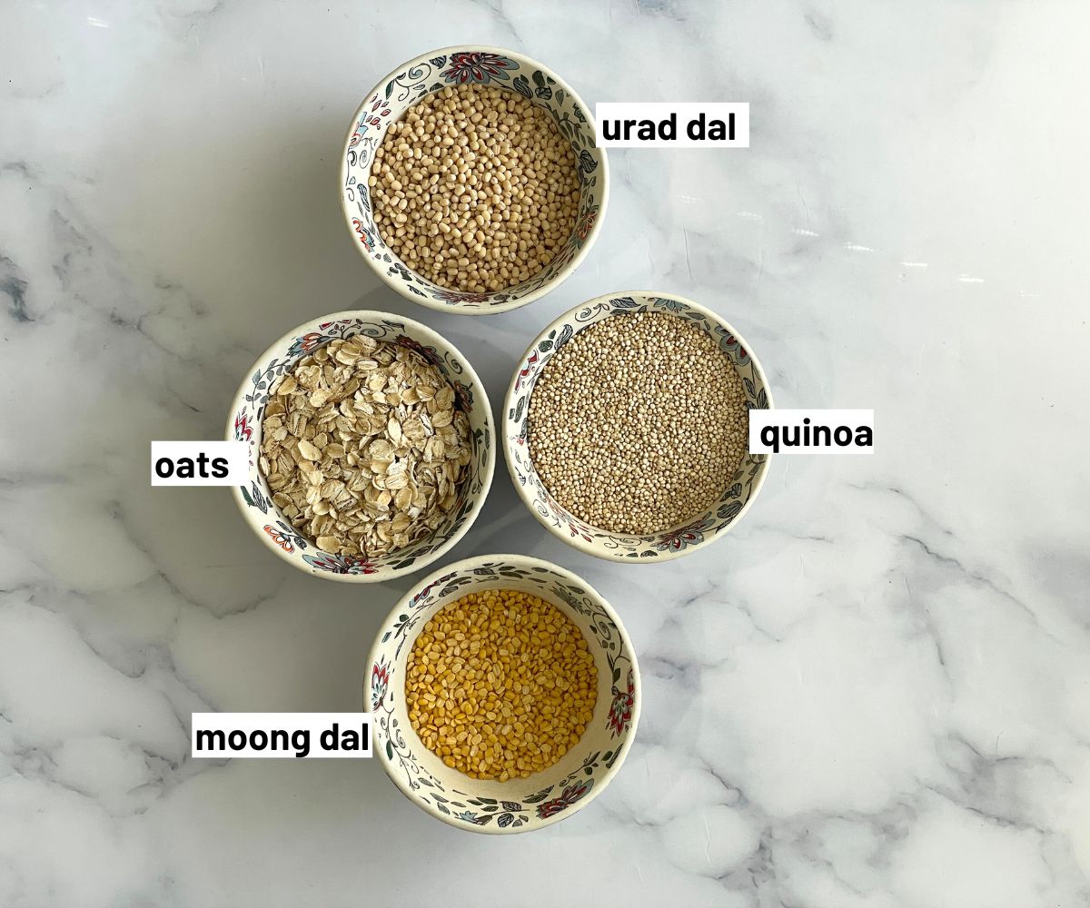 Quinoa dosa ingredients are on the bowls.