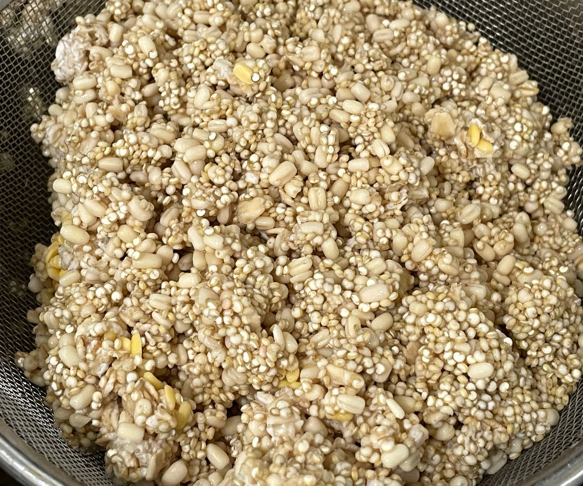 Drained and soaked quinoa and lentils.
