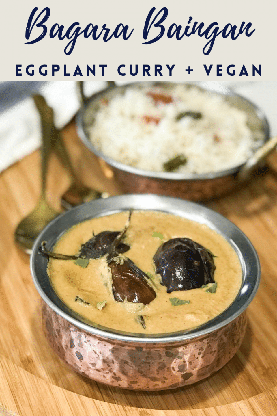 A bowl of bagara baingan on a table, with Eggplant 