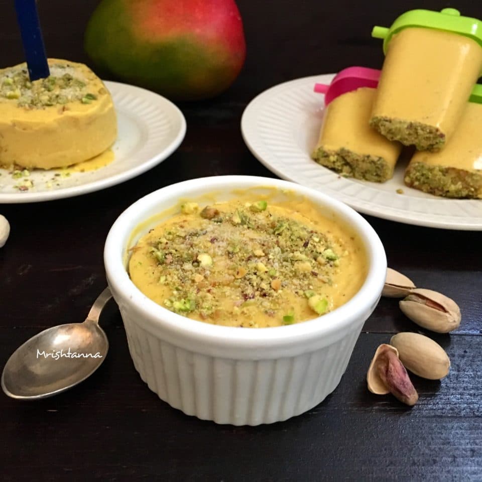 Vegan Mango Kulfi - Indian Best Ice Cream Recipe A bowl of mango kulfi is on the table