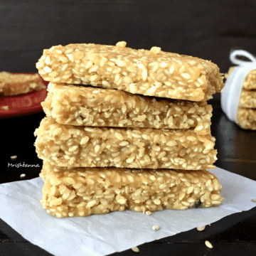 Sesame bar is stacked on a flat surface