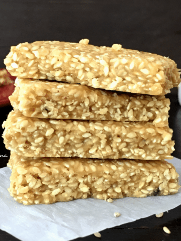 Sesame bar is stacked on a flat surface